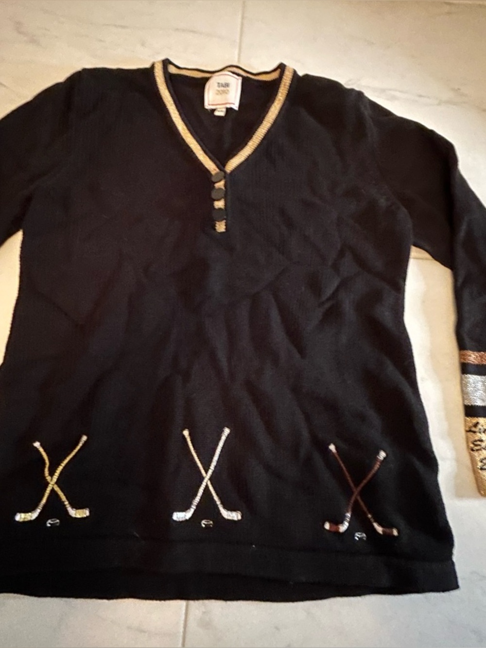 Tabi 2010 Black Gold Embroidered V-Neck Sweater with Gold Trim and hockey theme